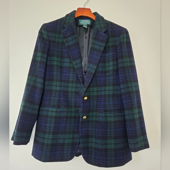 Vintage Ralph Lauren Tartan Plaid Wool Cashmere Check Blazer Green Navy Size 8P - Picture 9 of 15